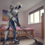 Un robot humanoïde passant l'aspirateur dans une chambre, encadré par des drapeaux américains, illustrant la décision des États-Unis de bloquer l'importation des robots intelligents étrangers.