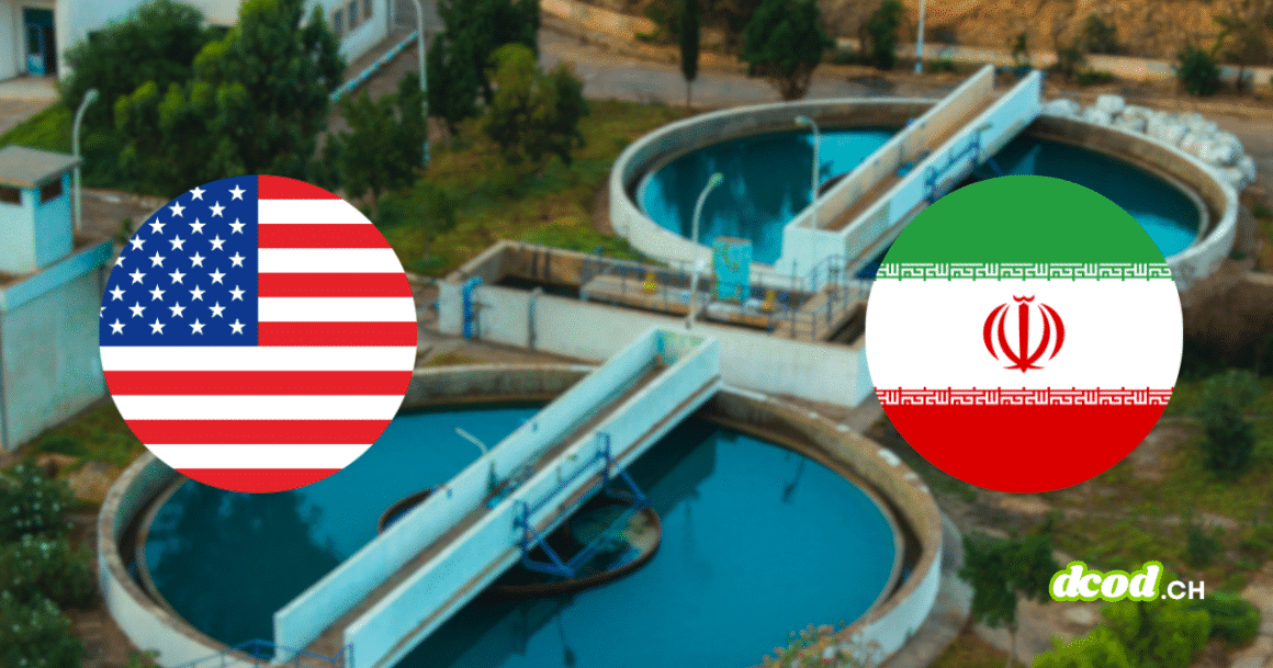 Bassin de réseau de distribution d'eau potable avec macarons des drapeaux USA et Iran illustrant les cyberattaques sur les infrastructures.
