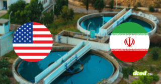 Bassin de réseau de distribution d'eau potable avec macarons des drapeaux USA et Iran illustrant les cyberattaques sur les infrastructures.