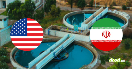 Bassin de réseau de distribution d'eau potable avec macarons des drapeaux USA et Iran illustrant les cyberattaques sur les infrastructures.