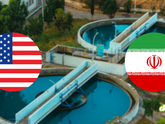 Bassin de réseau de distribution d'eau potable avec macarons des drapeaux USA et Iran illustrant les cyberattaques sur les infrastructures.