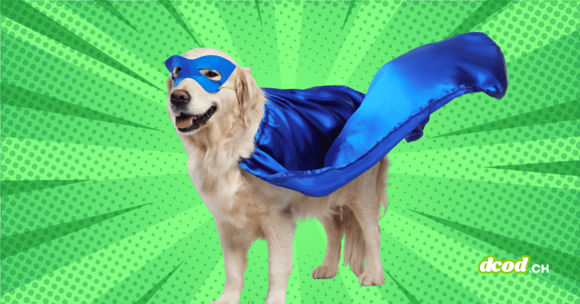 Chien en costume de super-héros illustrant les faux positifs d'iMessage et de l'IA avant Chat Control.