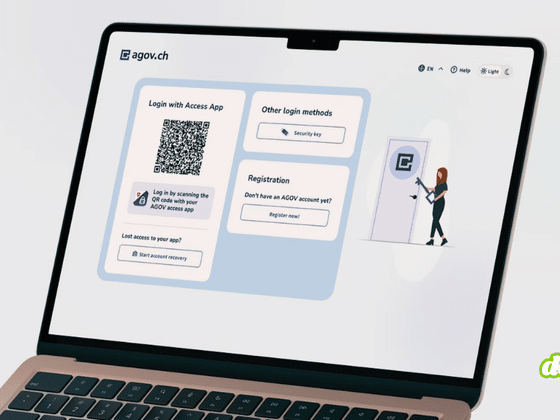 portail agov.ch, ordinateur portable, QR code et clé de sécurité. Crédit: Chancellerie fédérale suisse