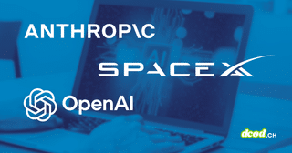 Logos d'Anthropic, SpaceXAI et OpenAI incrustés sur fond bleu devant un ordinateur portable affichant une interface d'intelligence artificielle.