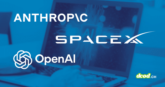 Logos d'Anthropic, SpaceXAI et OpenAI incrustés sur fond bleu devant un ordinateur portable affichant une interface d'intelligence artificielle.