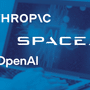 Logos d'Anthropic, SpaceXAI et OpenAI incrustés sur fond bleu devant un ordinateur portable affichant une interface d'intelligence artificielle.