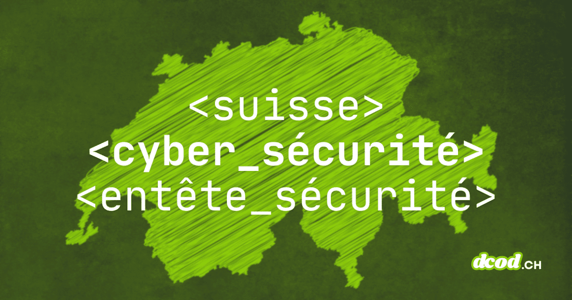 Carte de la Suisse sur fond vert avec les balises HTML , et , logo dcod.ch en bas à droite.