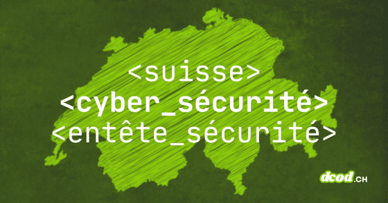 Carte de la Suisse sur fond vert avec les balises HTML , et , logo dcod.ch en bas à droite.