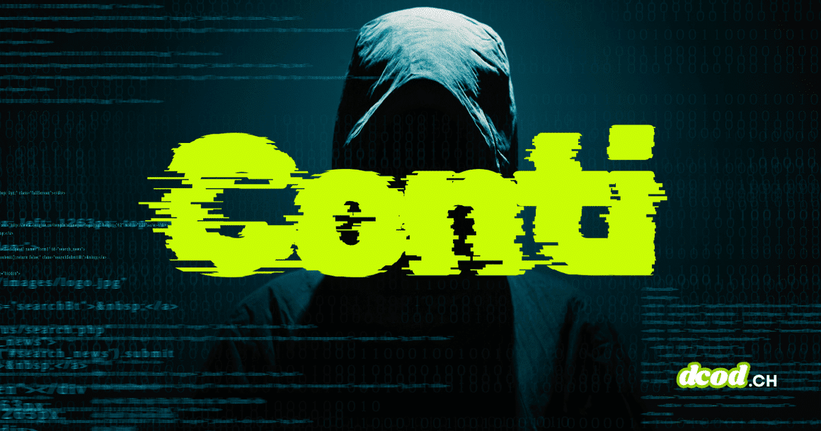 Silhouette encapuchonnée sur fond de lignes de code avec l'inscription Conti en typographie glitchée verte fluo.