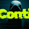 Silhouette encapuchonnée sur fond de lignes de code avec l'inscription Conti en typographie glitchée verte fluo.