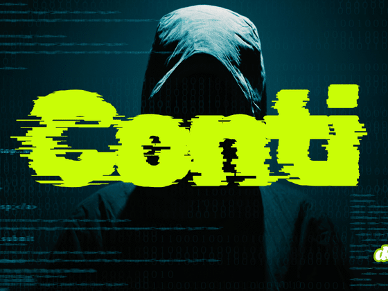 Silhouette encapuchonnée sur fond de lignes de code avec l'inscription Conti en typographie glitchée verte fluo.