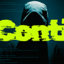 Silhouette encapuchonnée sur fond de lignes de code avec l'inscription Conti en typographie glitchée verte fluo.