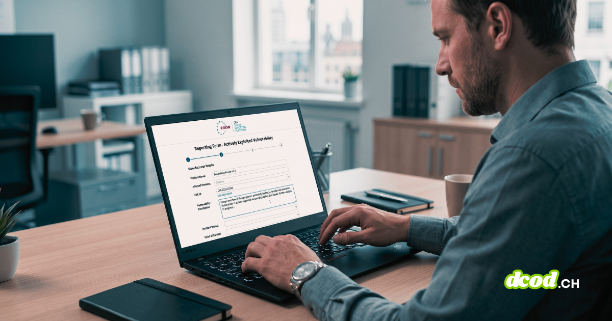 Un professionnel de la cybersécurité est assis à un bureau en bois, concentré sur son ordinateur portable. L'écran affiche la CRA Single Reporting Platform de l'ENISA. Il remplit le formulaire de signalement pour une vulnérabilité activement exploitée. L'utilisateur tape une description détaillée dans un champ de texte et indique un ID CVE. C'est l'interface de la plateforme de signalement de l'ENISA.