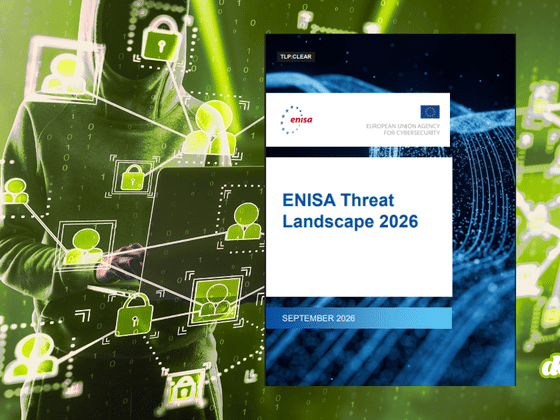 Couverture du rapport officiel ENISA Threat Landscape 2026 superposée à la silhouette d'un cyberattaquant exploitant un réseau d'identités compromises.