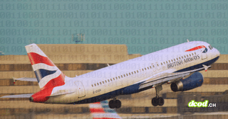 Avion de ligne au décollage sur fond de code binaire numérique, illustrant le vol de 86 Go de données de Manchester Airports Group par FulcrumSec.