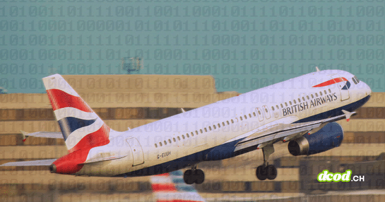 Avion de ligne au décollage sur fond de code binaire numérique, illustrant le vol de 86 Go de données de Manchester Airports Group par FulcrumSec.
