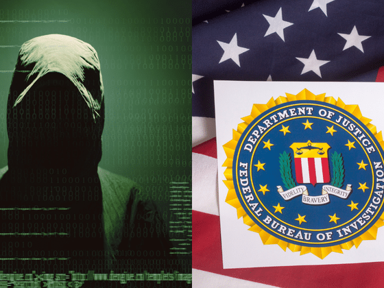 Silhouette encapuchonnée sur fond de code informatique vert à côté du sceau officiel du FBI posé sur un drapeau américain