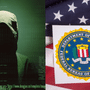 Silhouette encapuchonnée sur fond de code informatique vert à côté du sceau officiel du FBI posé sur un drapeau américain