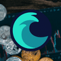 Logo de Liquid Network sous forme de vague turquoise au centre, entouré de pièces de monnaie Bitcoin physiques sur fond de graphiques boursiers de cryptomonnaies.