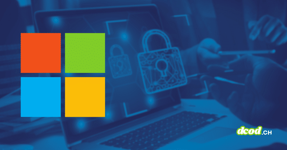 Logo Microsoft aux carrés de couleur vive devant un ordinateur portable affichant des cadenas numériques de cybersécurité en surimpression bleue.