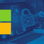 Logo Microsoft aux carrés de couleur vive devant un ordinateur portable affichant des cadenas numériques de cybersécurité en surimpression bleue.