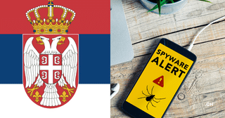Smartphone affichant une alerte au logiciel espion à côté du drapeau de la Serbie, illustrant l'espionnage d'opposants politiques via Pegasus et NoviSpy.