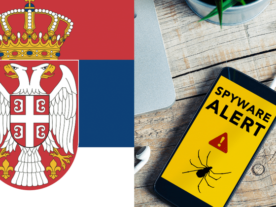 Smartphone affichant une alerte au logiciel espion à côté du drapeau de la Serbie, illustrant l'espionnage d'opposants politiques via Pegasus et NoviSpy.