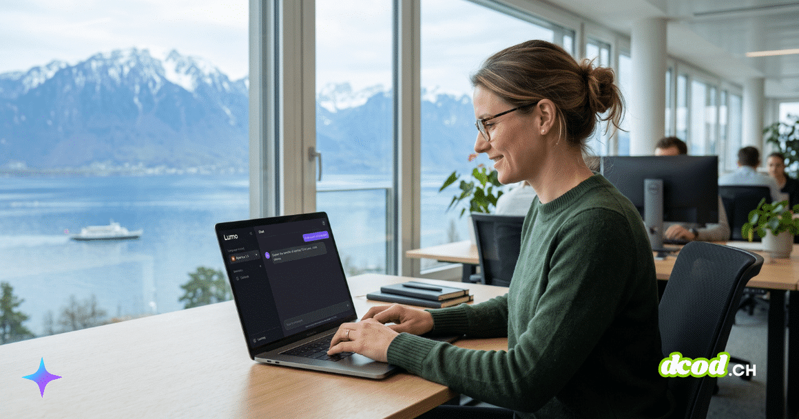 Une professionnelle utilise l’assistant IA Lumo avec le modèle suisse Apertus 1.5 sur son ordinateur portable dans un bureau avec vue sur un lac et les Alpes.
