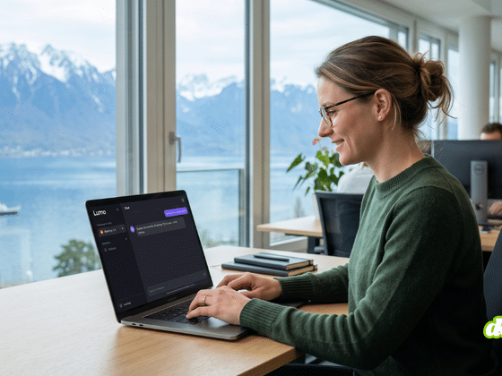 Une professionnelle utilise l’assistant IA Lumo avec le modèle suisse Apertus 1.5 sur son ordinateur portable dans un bureau avec vue sur un lac et les Alpes.