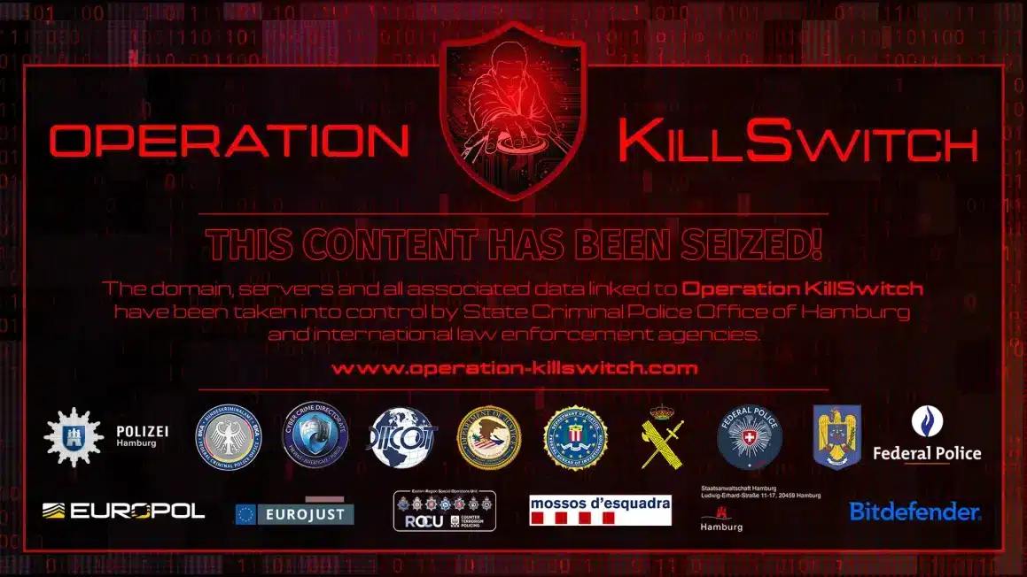 KillSec : un gang de rançongiciel piloté par un ado de 16 ans 7 Bannière judiciaire rouge et noire portant la mention « THIS CONTENT HAS BEEN SEIZED! » pour l'opération KillSwitch, officialisant la saisie des serveurs et domaines du rançongiciel KillSec avec les insignes des services de police internationaux et d'Europol.