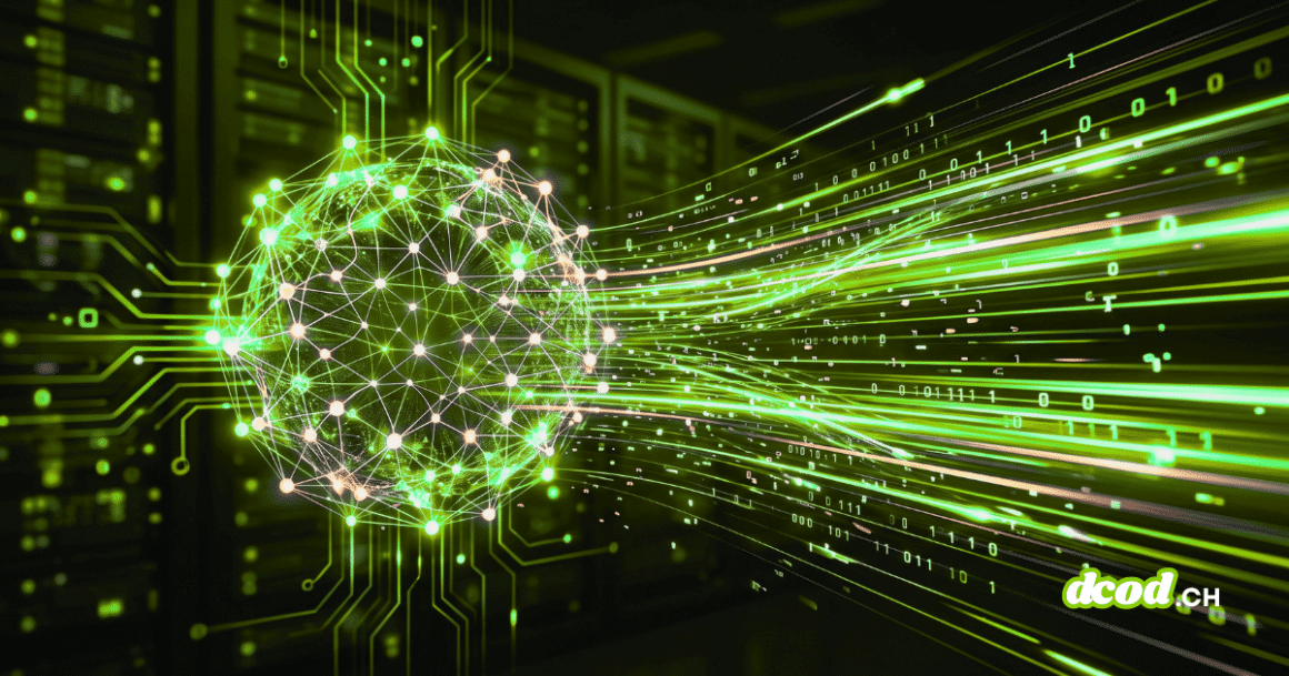 Cybersécurité: l'IA change la vitesse, pas les fondamentaux 6 Réseau neuronal sous forme de sphère lumineuse projetant des flux de données à haute vitesse dans un datacenter, illustrant l'impact de l'IA en cybersécurité.