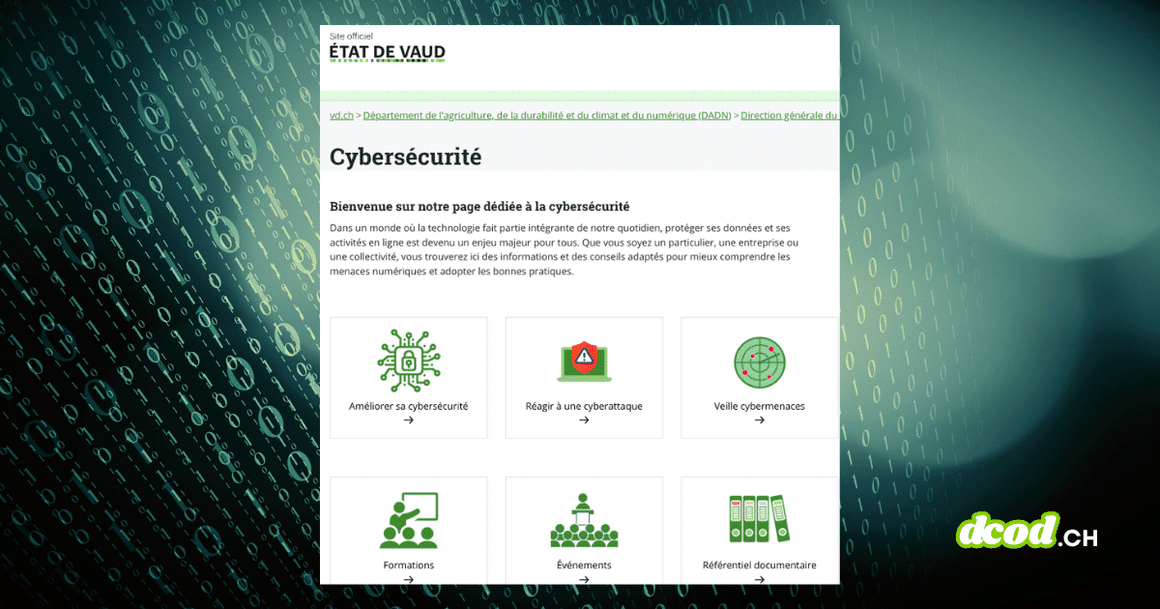 Capture d'écran de la page Cybersécurité du site officiel de l'État de Vaud sur fond de code binaire numérique.