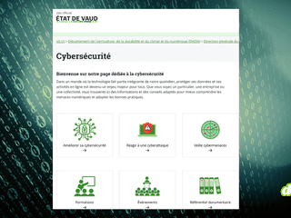 Capture d'écran de la page Cybersécurité du site officiel de l'État de Vaud sur fond de code binaire numérique.