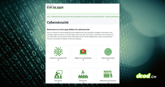 Capture d'écran de la page Cybersécurité du site officiel de l'État de Vaud sur fond de code binaire numérique.