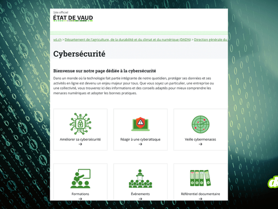 Capture d'écran de la page Cybersécurité du site officiel de l'État de Vaud sur fond de code binaire numérique.