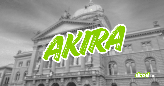 Palais fédéral suisse en noir et blanc barré du nom Akira en lettres vertes, illustrant la cyberattaque contre les données d'employés fédéraux.