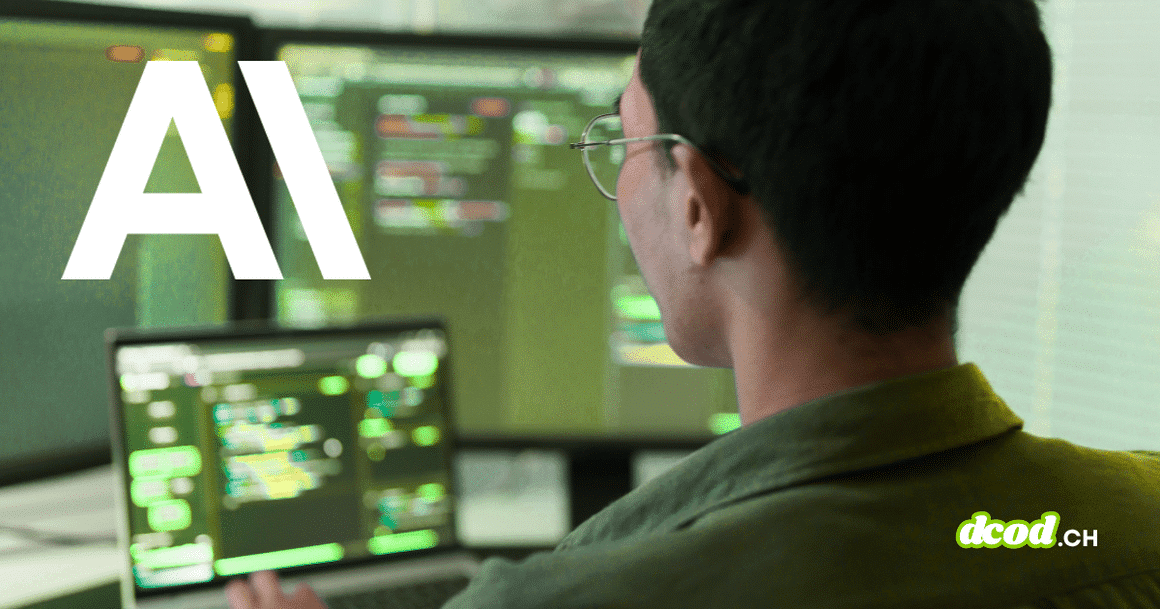 Développeur analysant du code informatique sur des écrans avec le sigle AI, illustrant l'audit automatisé