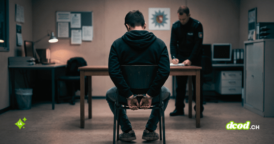 Jeune ado suspect de cybercriminalité menotté de dos lors d'un interrogatoire dans un poste de police.