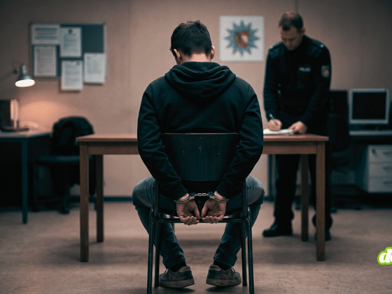 Jeune ado suspect de cybercriminalité menotté de dos lors d'un interrogatoire dans un poste de police.