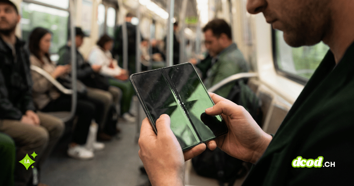 Gros plan sur un smartphone pliable tenu en main, montrant une fissure prononcée et un pli marqué au centre de l'écran intérieur éteint.