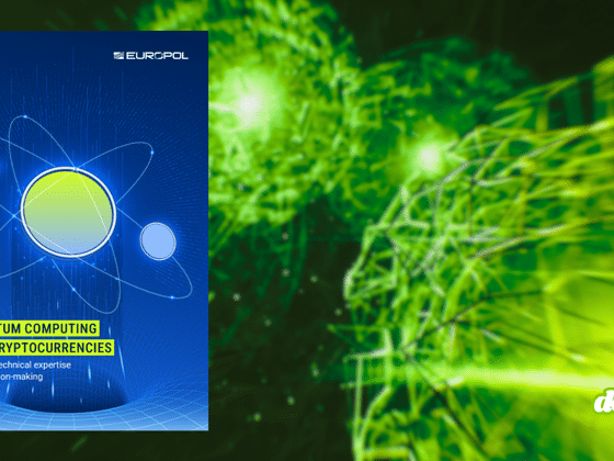 Visuel DCOD illustrant le rapport d'Europol « Quantum Computing and Cryptocurrencies », montrant la couverture officielle sur un fond abstrait de réseau numérique vert. Crédit : Europol / DCOD.