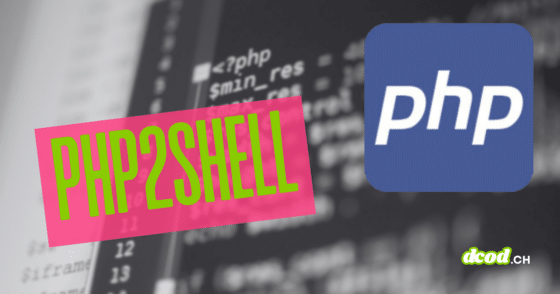 Logo PHP et bandeau rose portant la mention PHP2Shell sur fond de code source flouté.