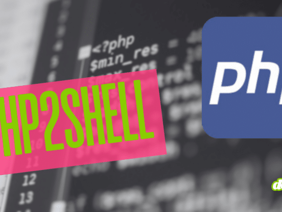 Logo PHP et bandeau rose portant la mention PHP2Shell sur fond de code source flouté.