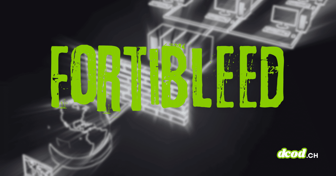 Illustration de l'attaque FortiBleed avec le mot-titre en vert devant un schéma de réseau informatique et de pare-feu.