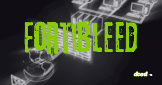 Illustration de l'attaque FortiBleed avec le mot-titre en vert devant un schéma de réseau informatique et de pare-feu.