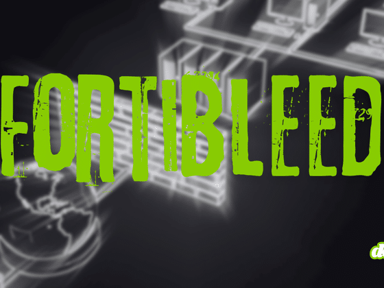 Illustration de l'attaque FortiBleed avec le mot-titre en vert devant un schéma de réseau informatique et de pare-feu.