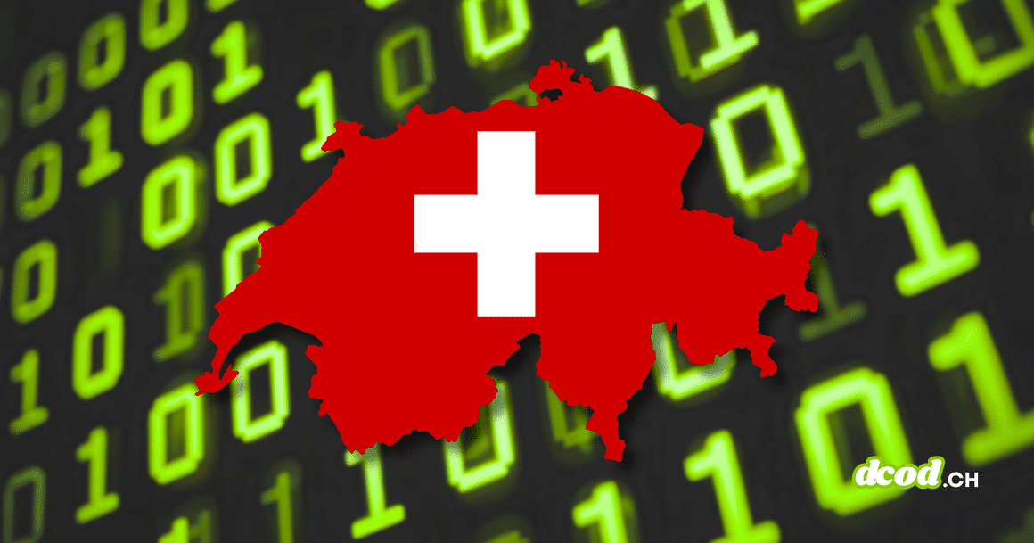 Carte de la Suisse aux couleurs du drapeau national sur fond de code binaire vert, illustrant la fuite de données touchant une victime suisse.