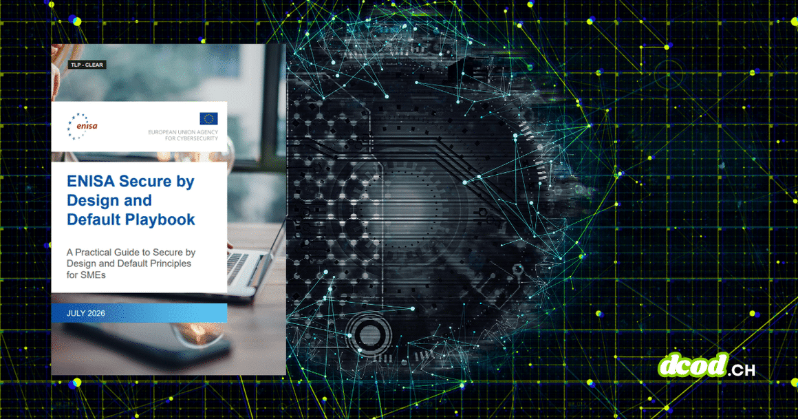 Couverture du guide de l'ENISA sur la sécurité dès la conception et le durcissement par défaut pour les PME, liée au Cyber Resilience Act, sur fond de réseau numérique DCOD.