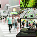 Caméras de surveillance urbaines filmant des passants et opérateur analysant des flux vidéo civils augmentés par intelligence artificielle sur un mur d'écrans.