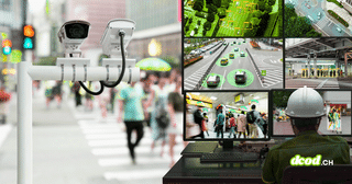Caméras de surveillance urbaines filmant des passants et opérateur analysant des flux vidéo civils augmentés par intelligence artificielle sur un mur d'écrans.